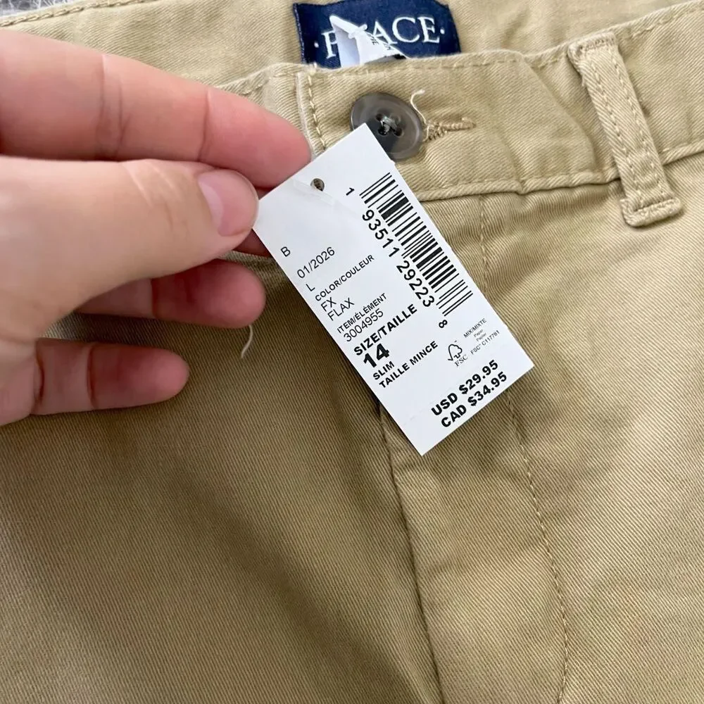 NWT The Children's Place Khaki Chino Pants Flax Size 14 Slim Fit